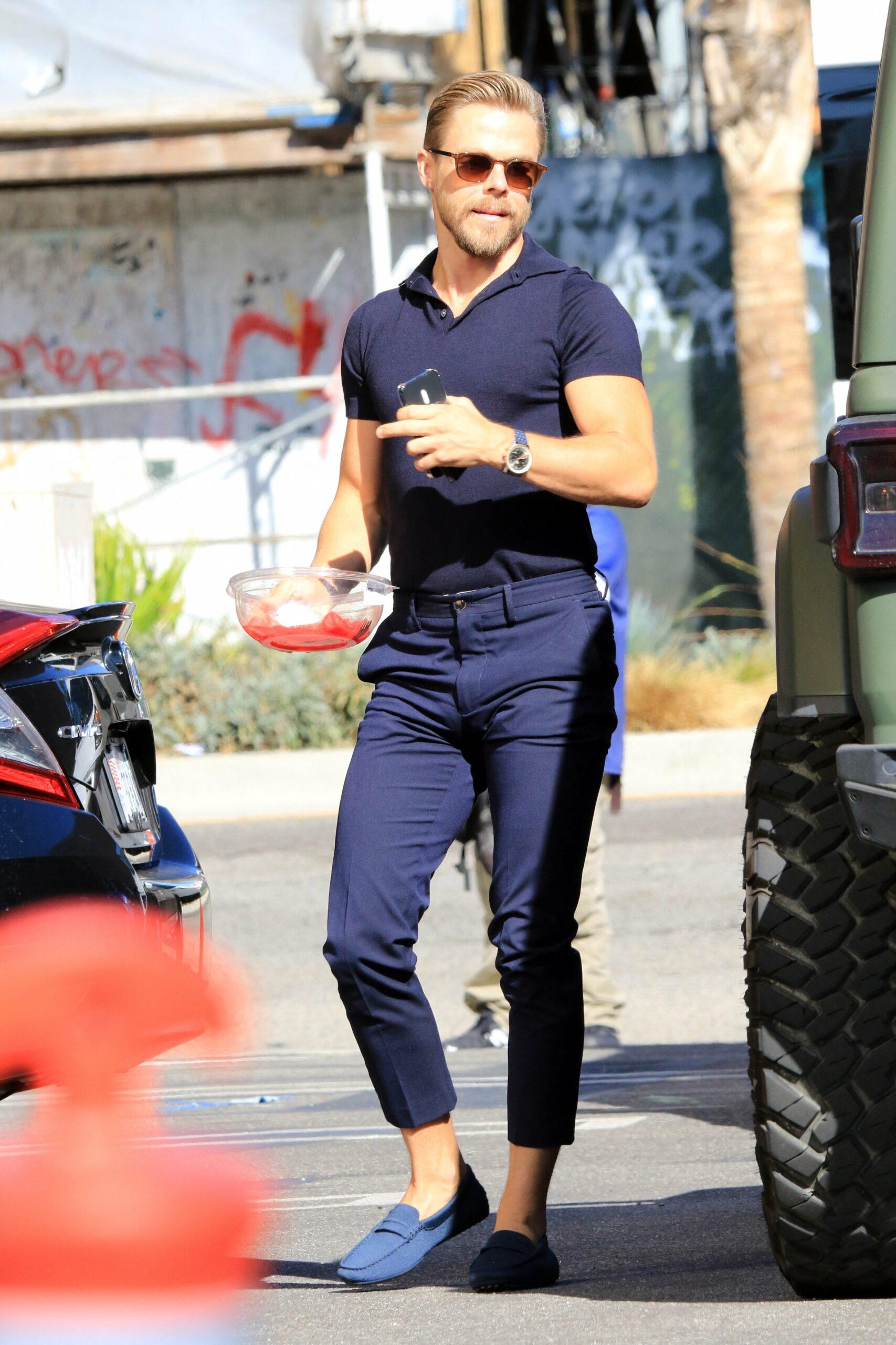 Derek Hough in blue suede shoes at the DWTS studio on Thursday