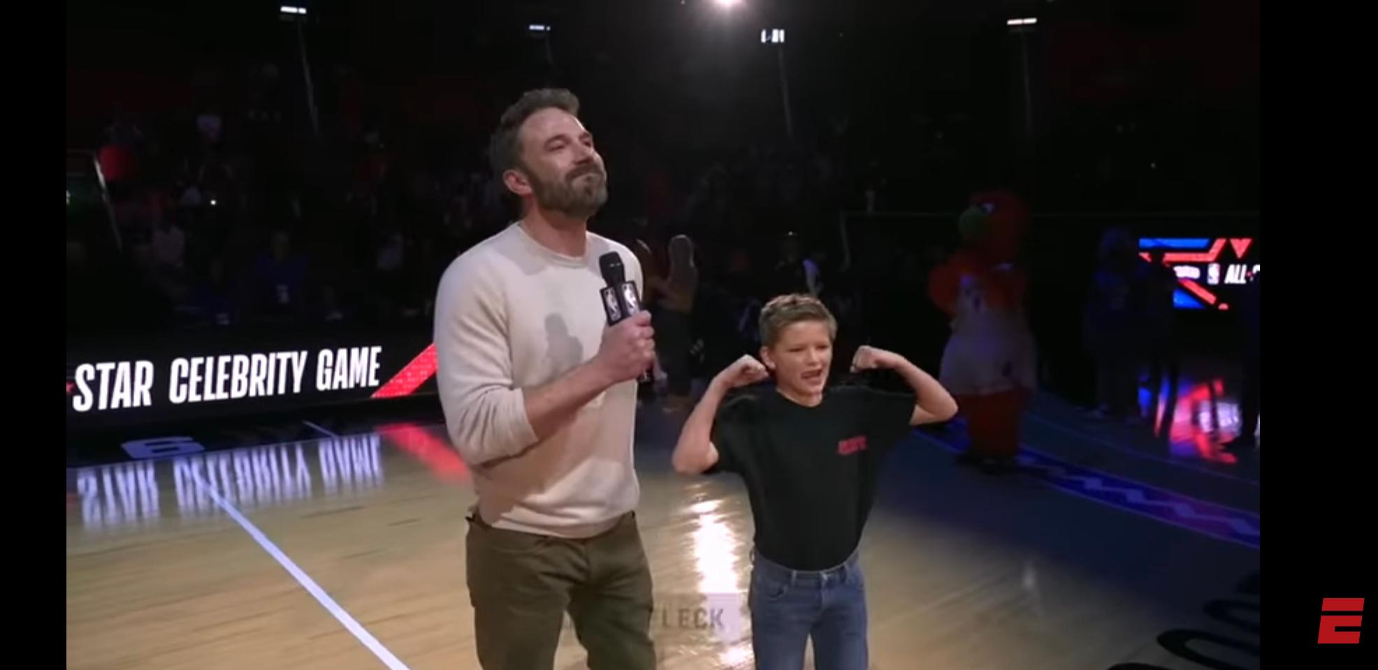 Ben Affleck and son Sam announcing the teams at the NBA Celebrity All-Star game