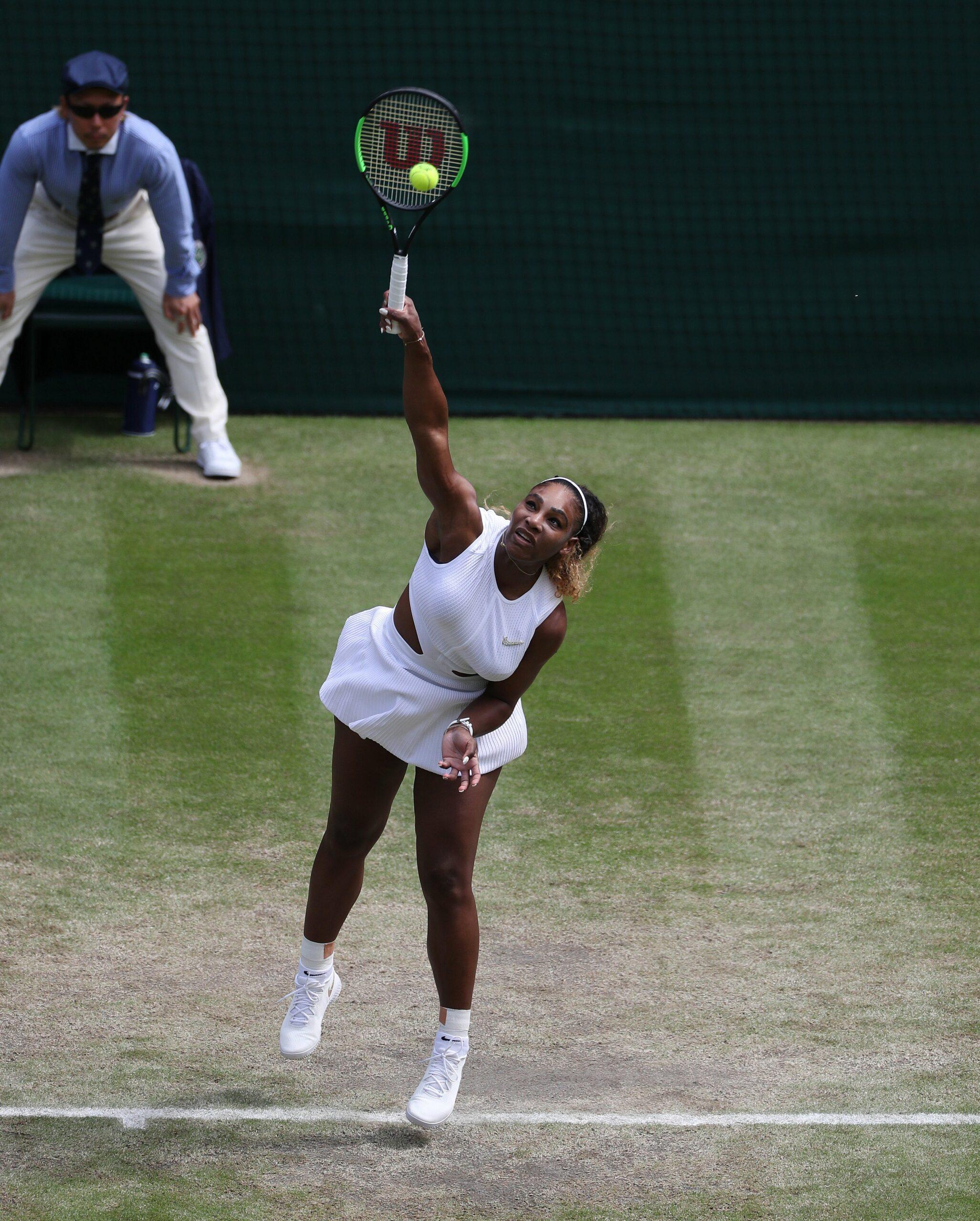 Serena Williams defeats Barbora Strycova in straight sets on Center Court to reach a Grand Slam final for the 13th consecutive year