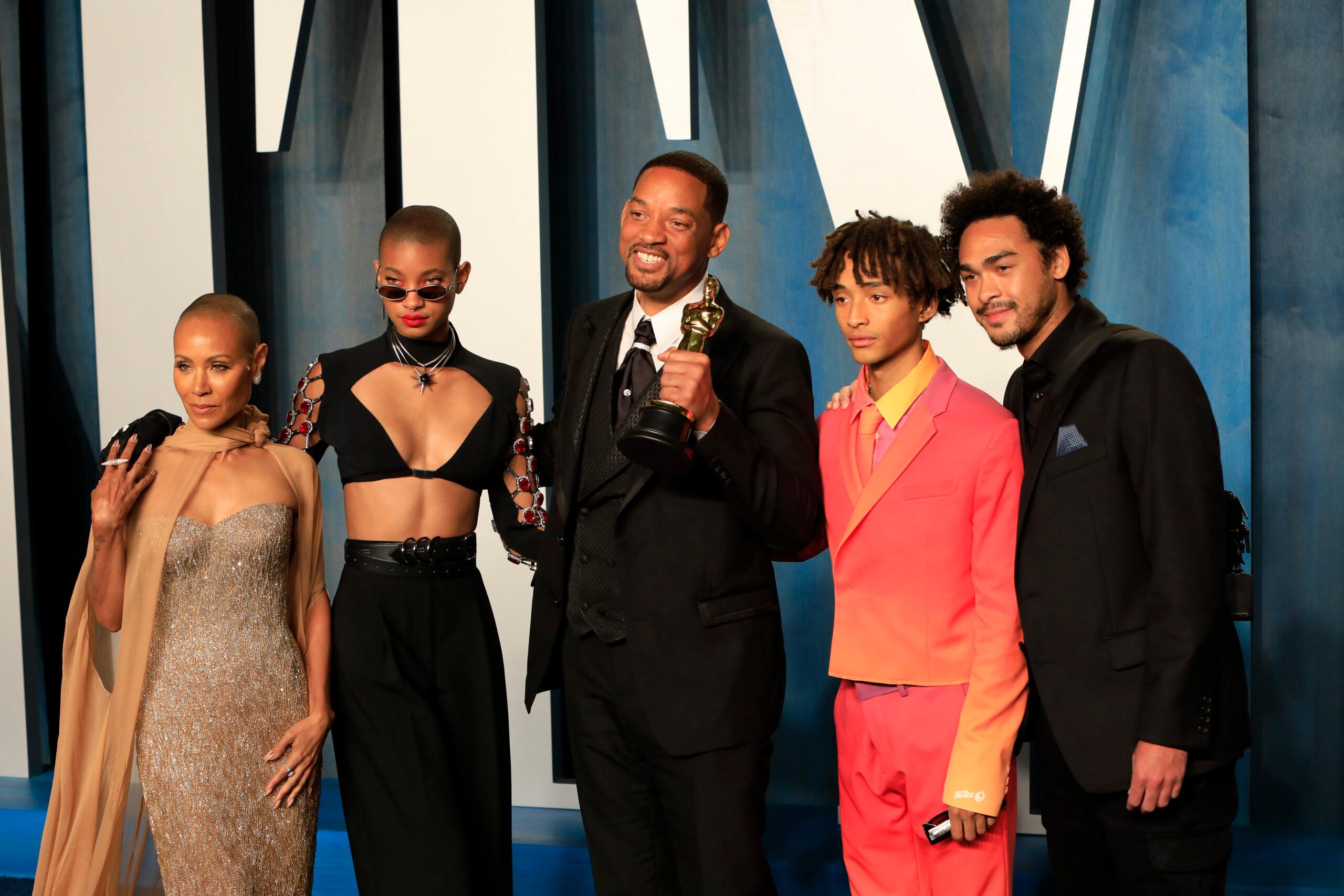 Jada Pinkett-Smith, Willow Smith, Will Smith, Jaden Smith, Trey Smith at the Vanity Fair Oscar Party at Wallis Annenberg Center for the Performing Arts on March 27, 2022
