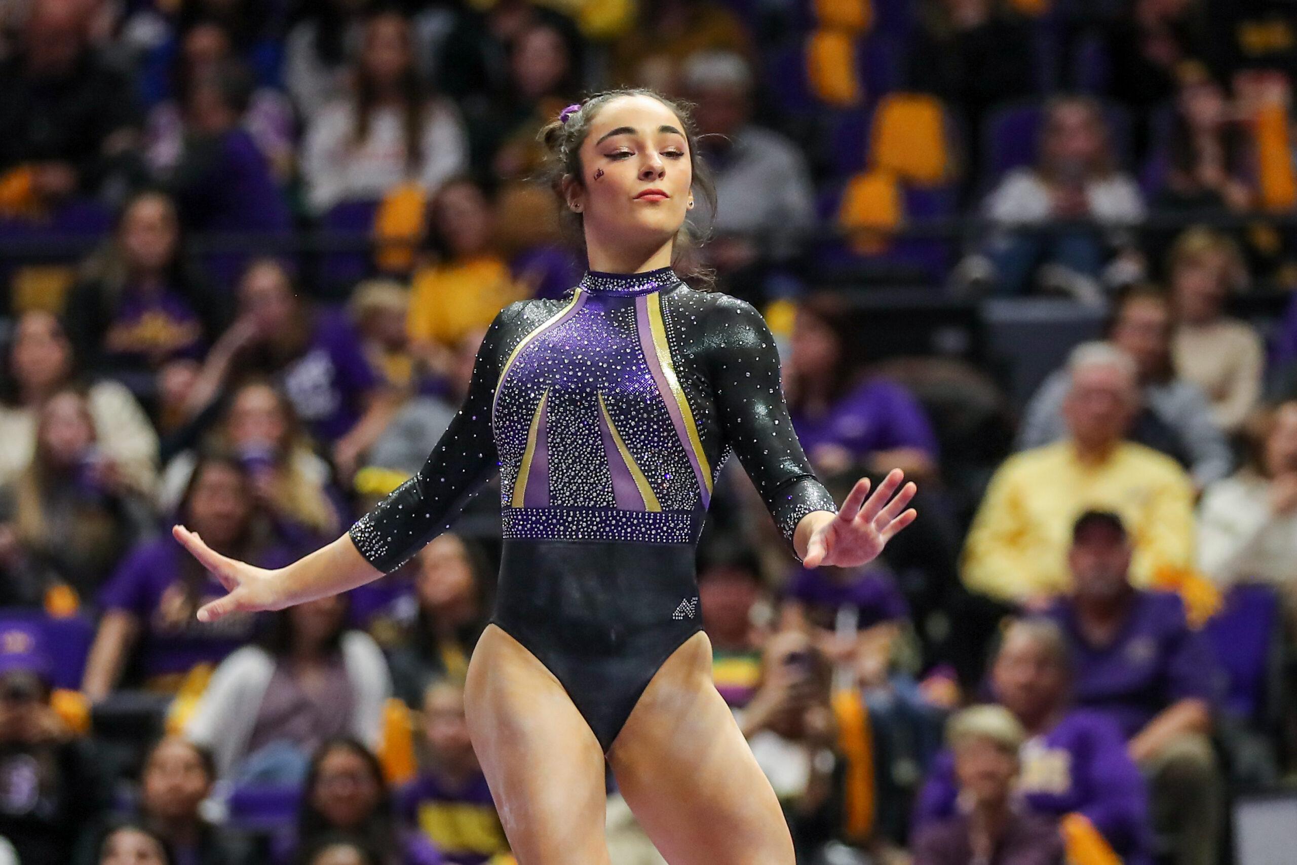 February 17, 2023: LSU's Elena Arenas competes on the balance beam during NCAA Gymnastics action between the Florida Gators and the LSU Tigers at the Pete Maravich Assembly Center in Baton Rouge, LA. Jonathan Mailhes/CSM(Credit Image: © Jonathan Mailhes/Cal Sport Media) Newscom/(Mega Agency TagID: csmphotothree049422.jpg) [Photo via Mega Agency]