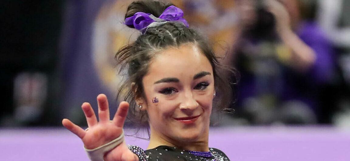 January 07, 2022: LSU's Elena Arenas poses at the end of her floor routine during NCAA Gymnastics action between Centenary and the LSU Tigers at the Pete Maravich Assembly Center in Baton Rouge, LA. Jonathan Mailhes/CSM(Credit Image: © Jonathan Mailhes/Cal Sport Media) Newscom/(Mega Agency TagID: csmphototwo848813.jpg) [Photo via Mega Agency]