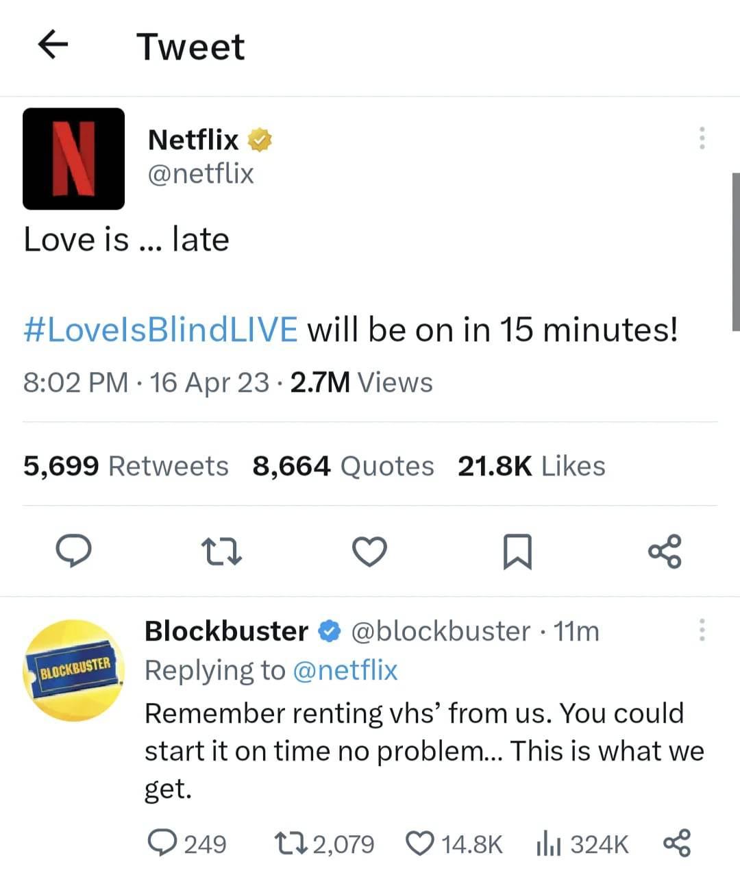 Blockbuster trolls Netflix over Love Is Blind live