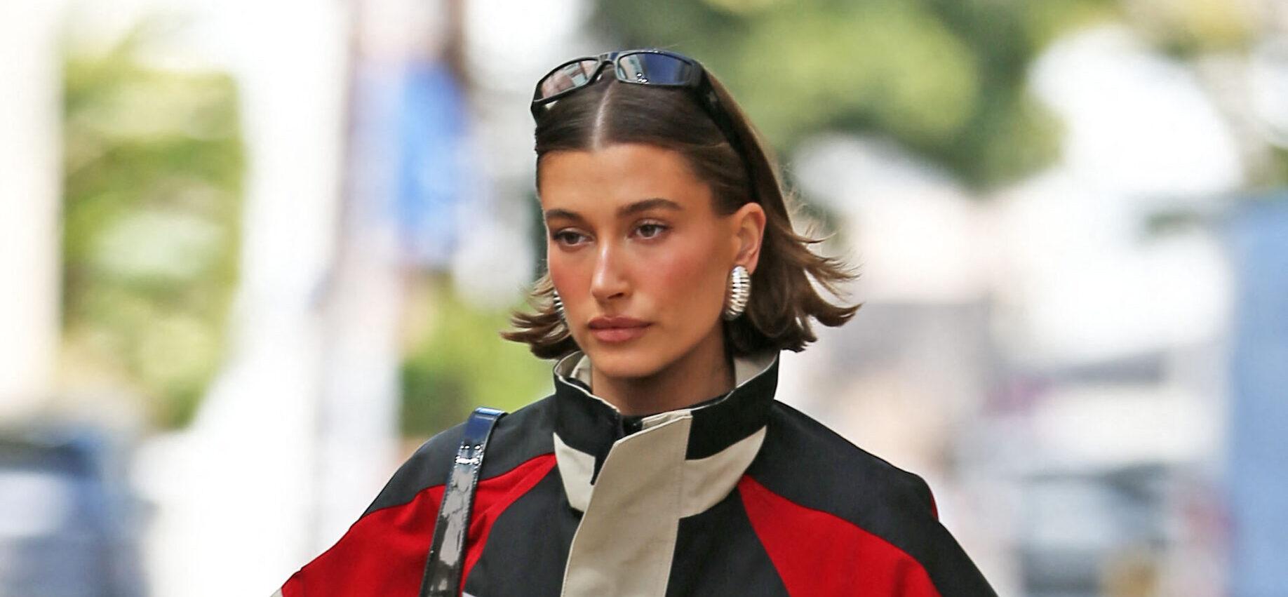 Hailey Bieber is seen leaving an office building