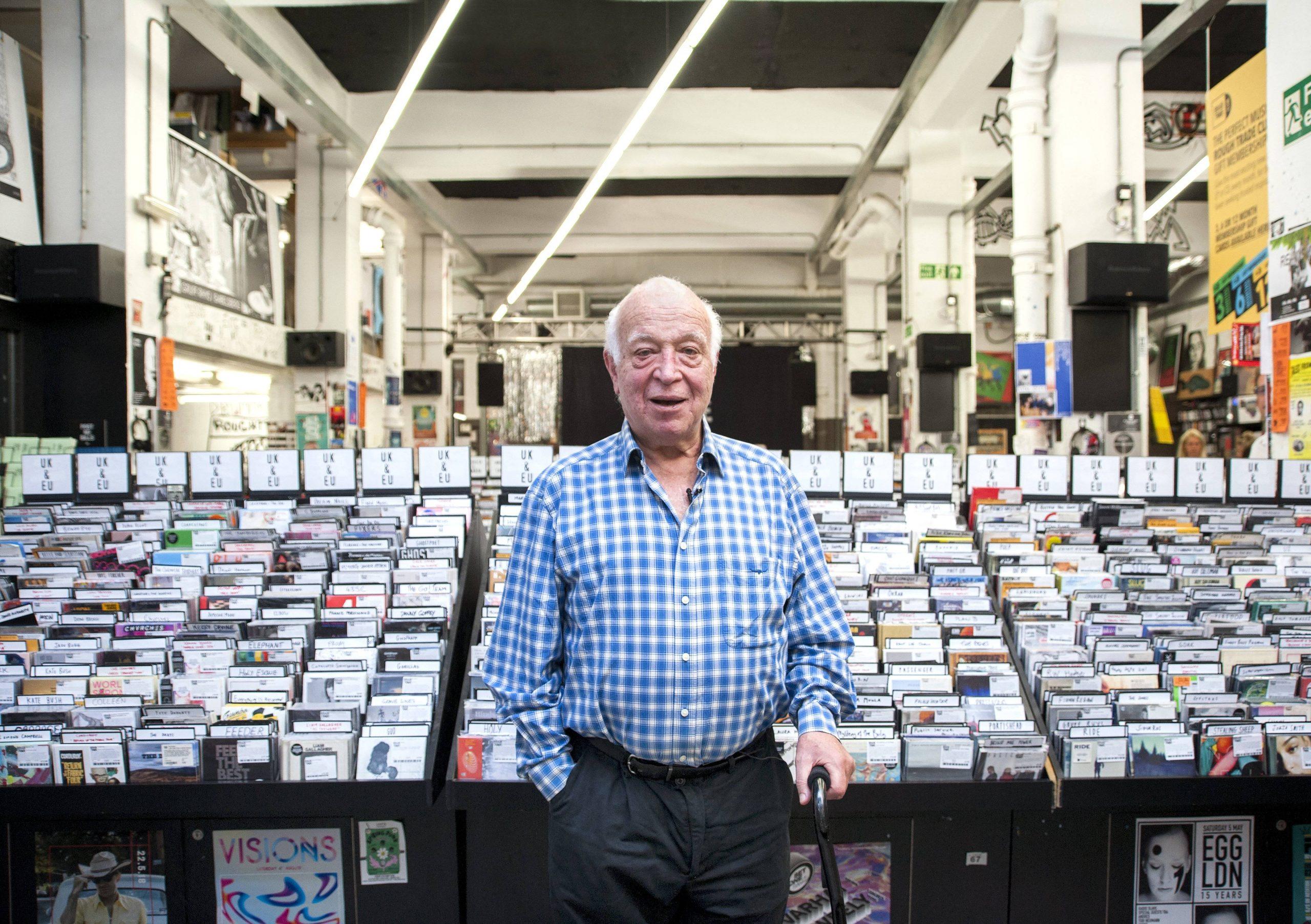 Seymour Stein photographed at Rough Trade record shop