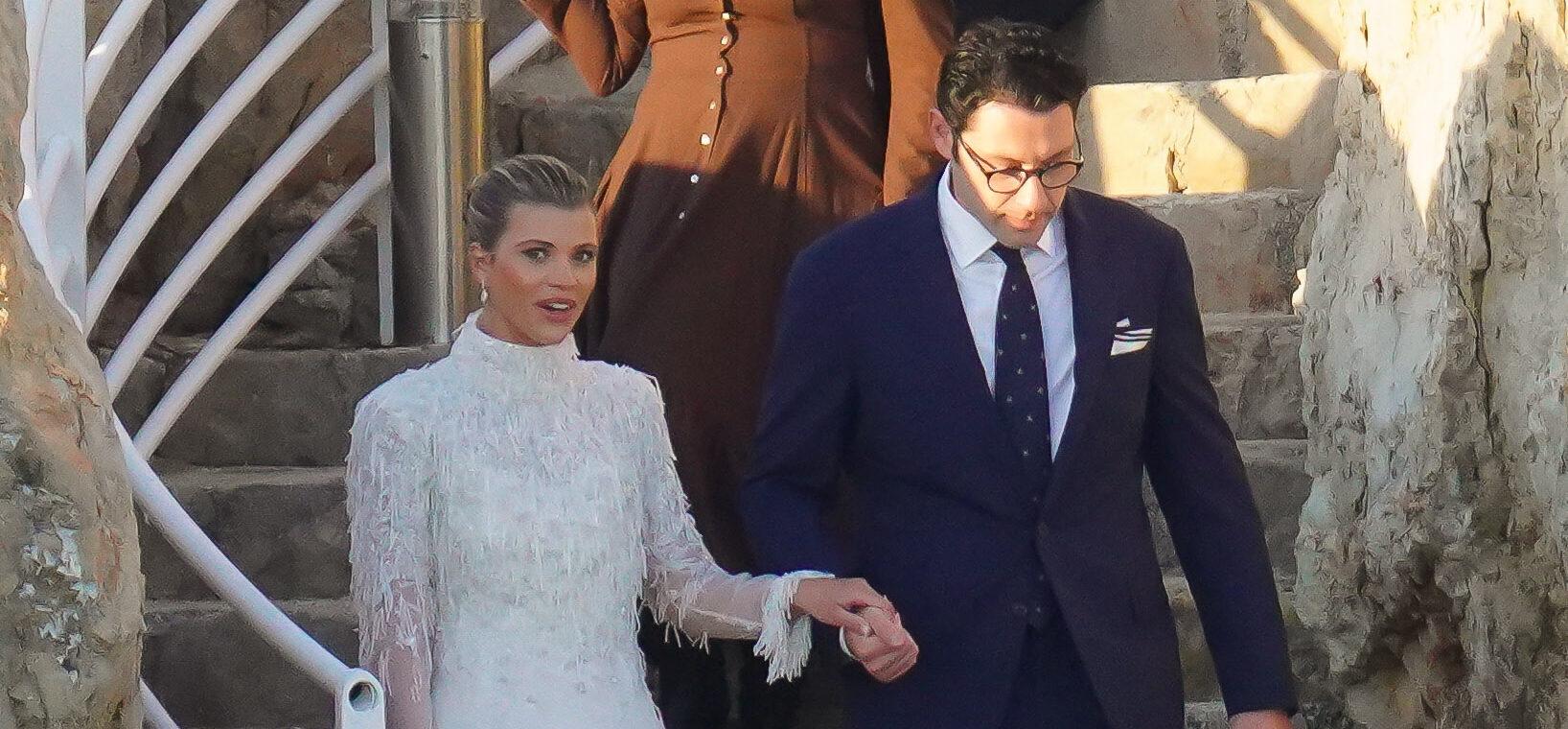 Blushing bride Sofia Richie looks radiant in an elegant white gown as she heads to her lavish wedding rehearsal dinner in the French Riviera