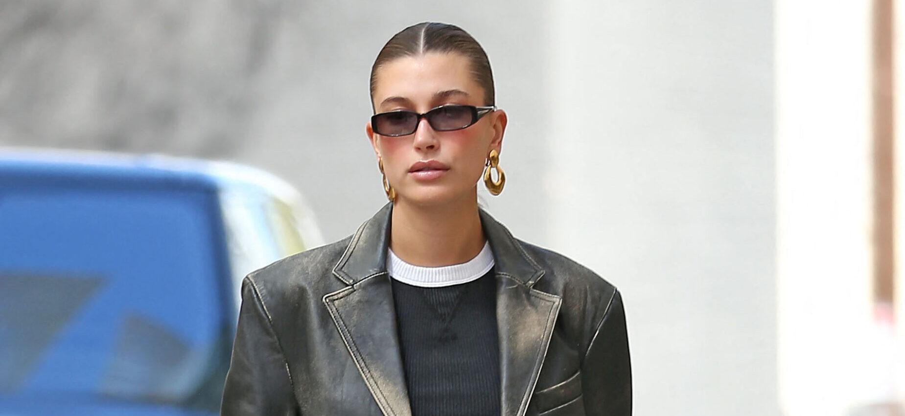 Hailey Bieber Serves Face Card & Abs In Daring All-Leather Look In New Pic