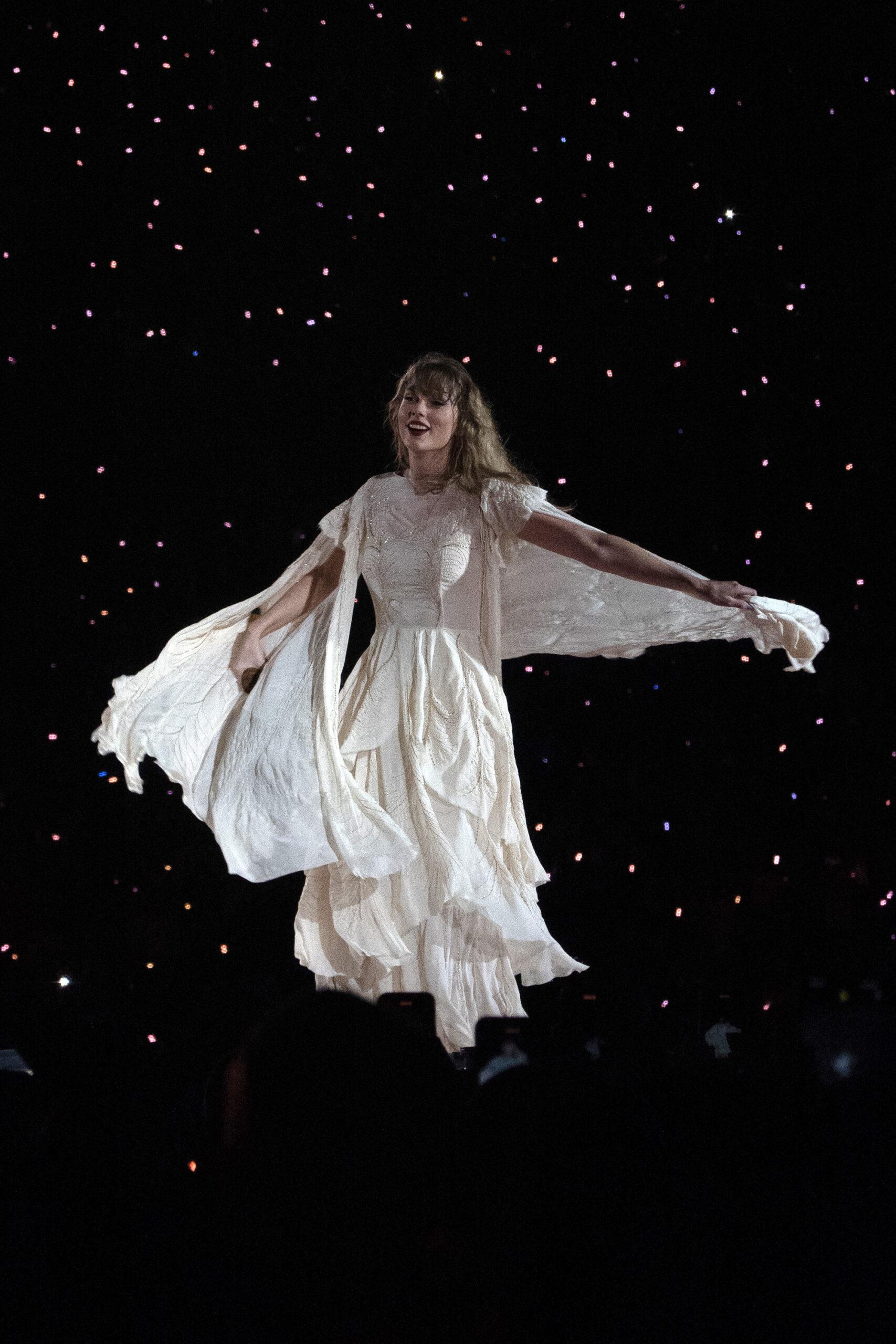 Taylor Swift delights her legion of fans as she takes to the stage in a staggering number of sparkling outfit changes during her Eras Tour stop in Tampa Florida