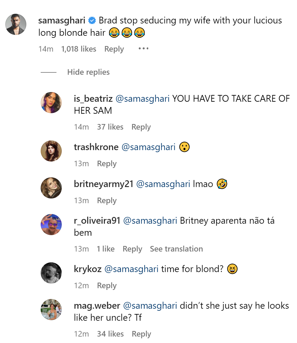 Sam Asghari comment on Britney Spears' post about Brad Pitt
