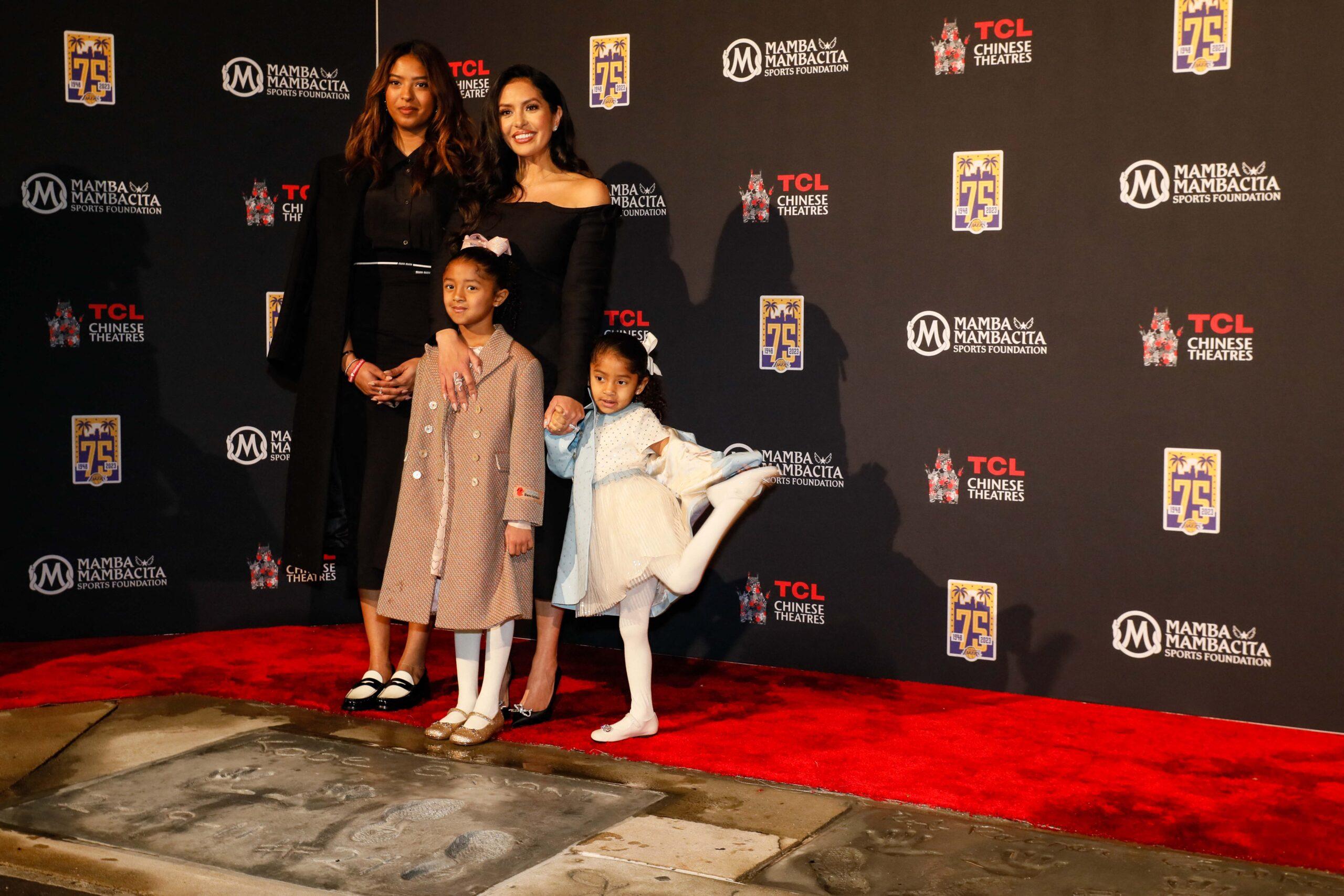 VANESSA BRYANT, right, and daughters (Left to right) NATALIA BRYANT, 20, BIANKA BRYANT, 6, CAPRI BRYANT, 3, at the hand and footprint ceremony for Kobe Bryant outside the TCL Chinese Theatre