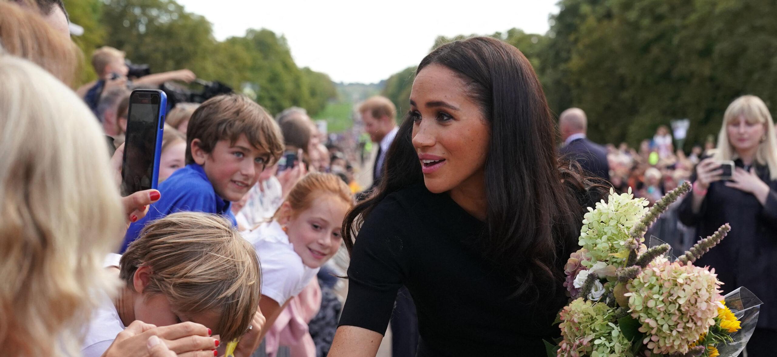 The Princess of Wales the Prince of Wales and the Duke and Duchess of Sussex meeting members of the public at Windsor Castle in Berkshire following the death of Queen Elizabeth II on Thursday
