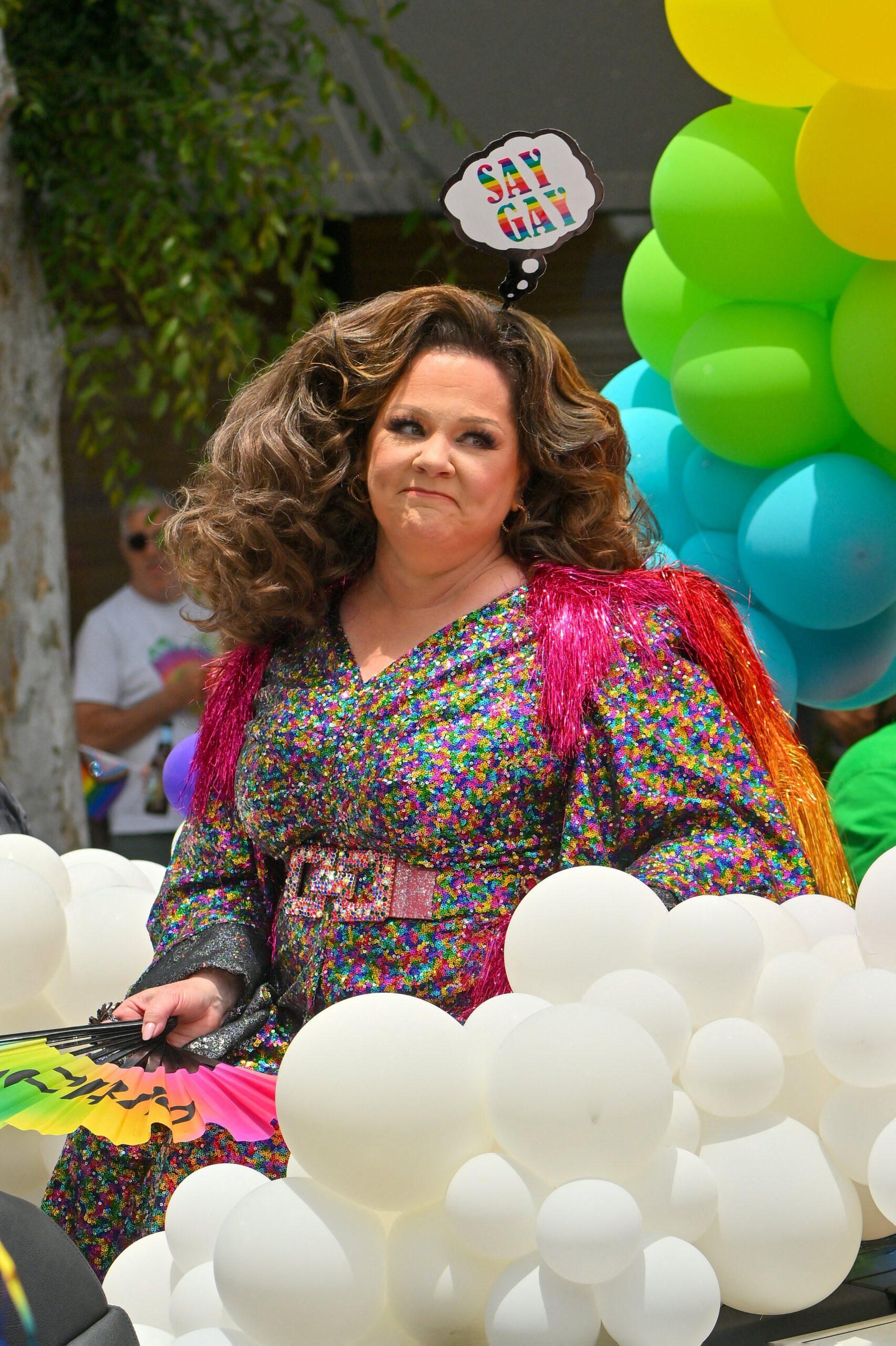 Melissa McCarthy wears a quot Say Gay apos headband as she takes part in the WeHo Pride