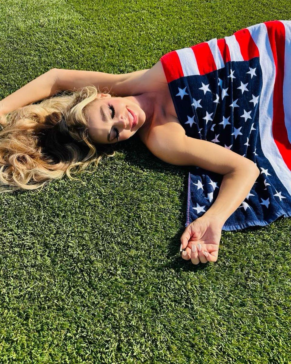 Denise Richards draped in an American flag for the Fourth of July