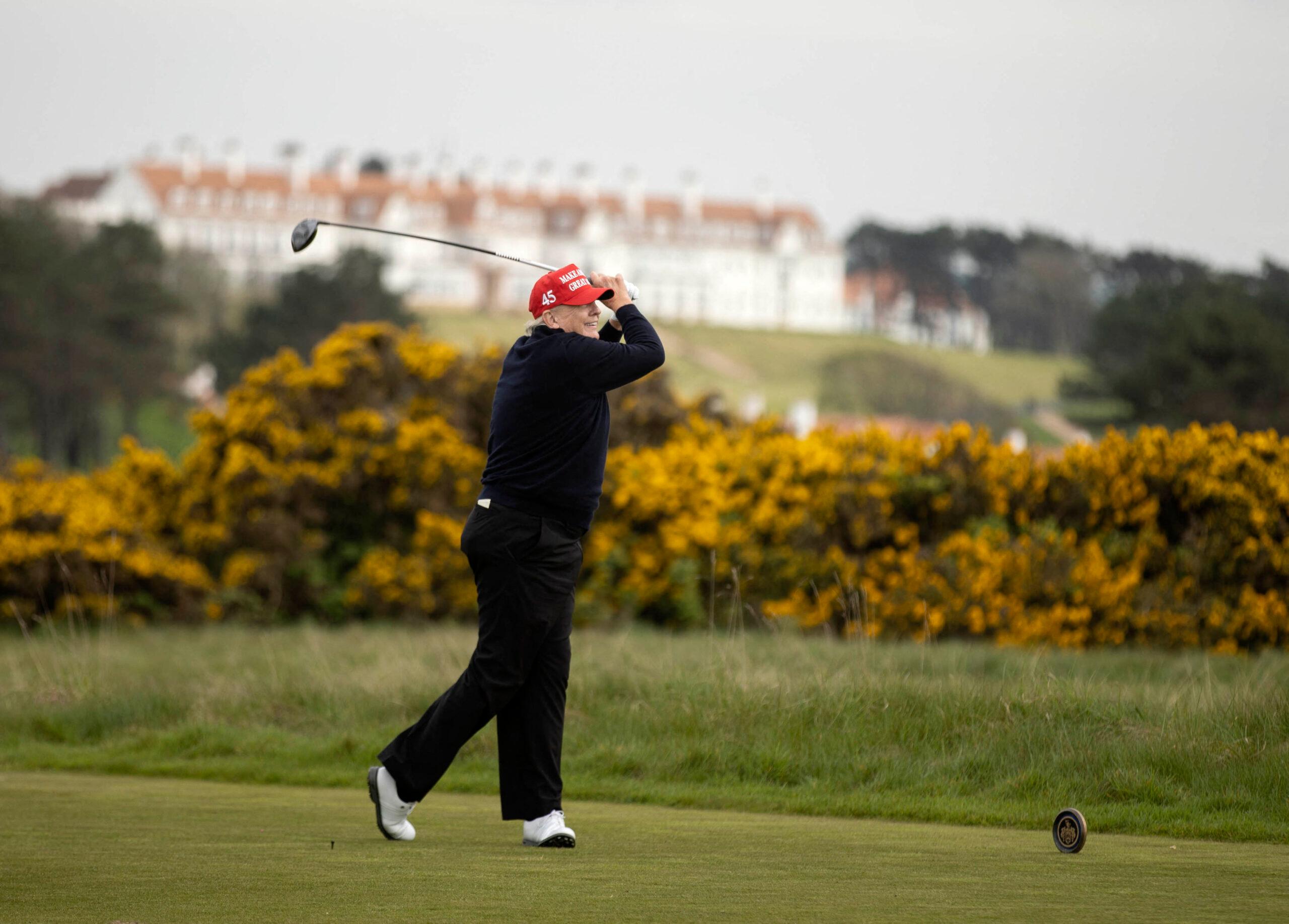 Donald Trump playing golf at his Trump Turnberry resort in South Ayrshire