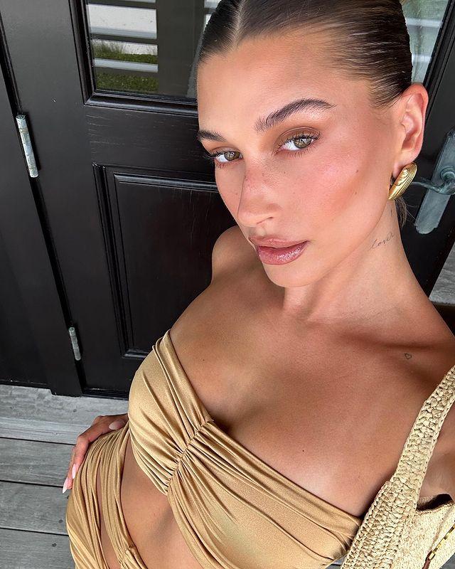 Hailey Bieber stuns in Latte colored outfit