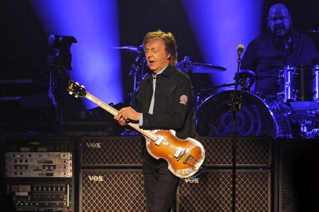 Paul McCartney performing at the O2 Arena