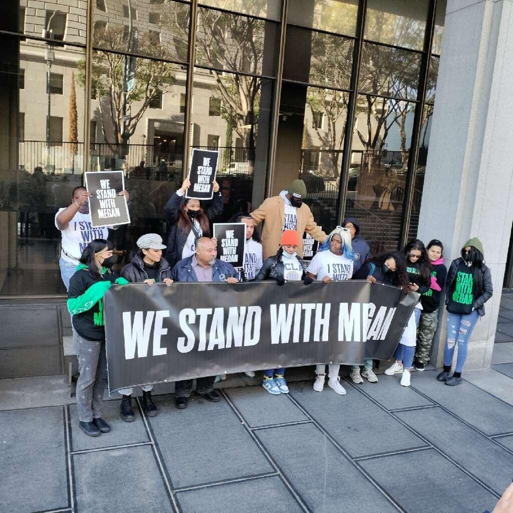 Supporters for Megan Thee Stallion gather outside the Downtown Los Angeles court were Rapper Tory Lanez who apos s real name is Daystar Peterson is charged with assault and weapons counts in connection with the shooting of fellow rapper Megan Thee Stallion d