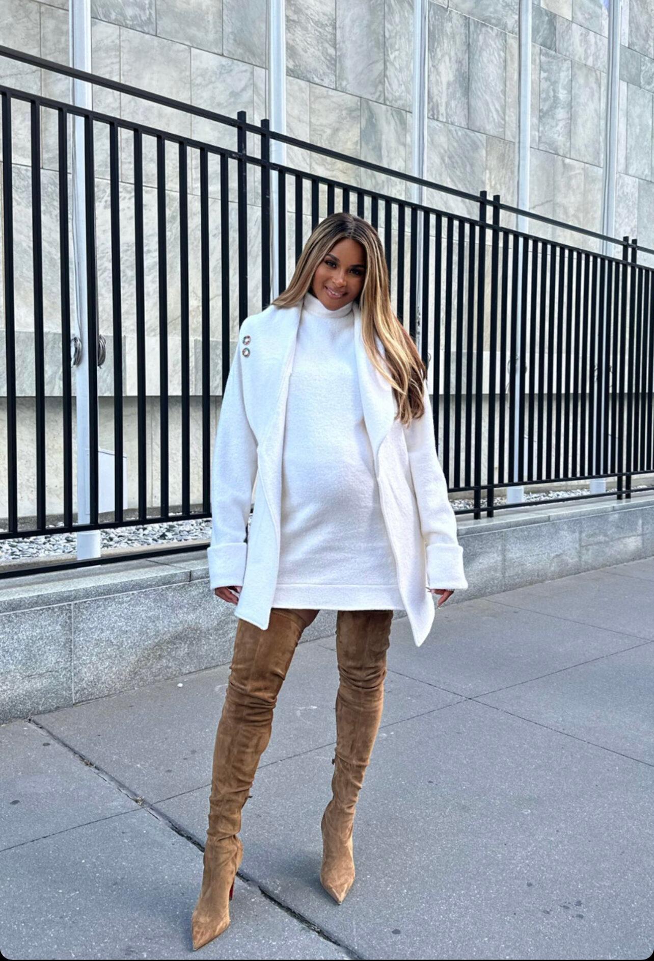 Ciara Shows Off Huge Baby Bump In Thigh High Boots And White Mini Dress