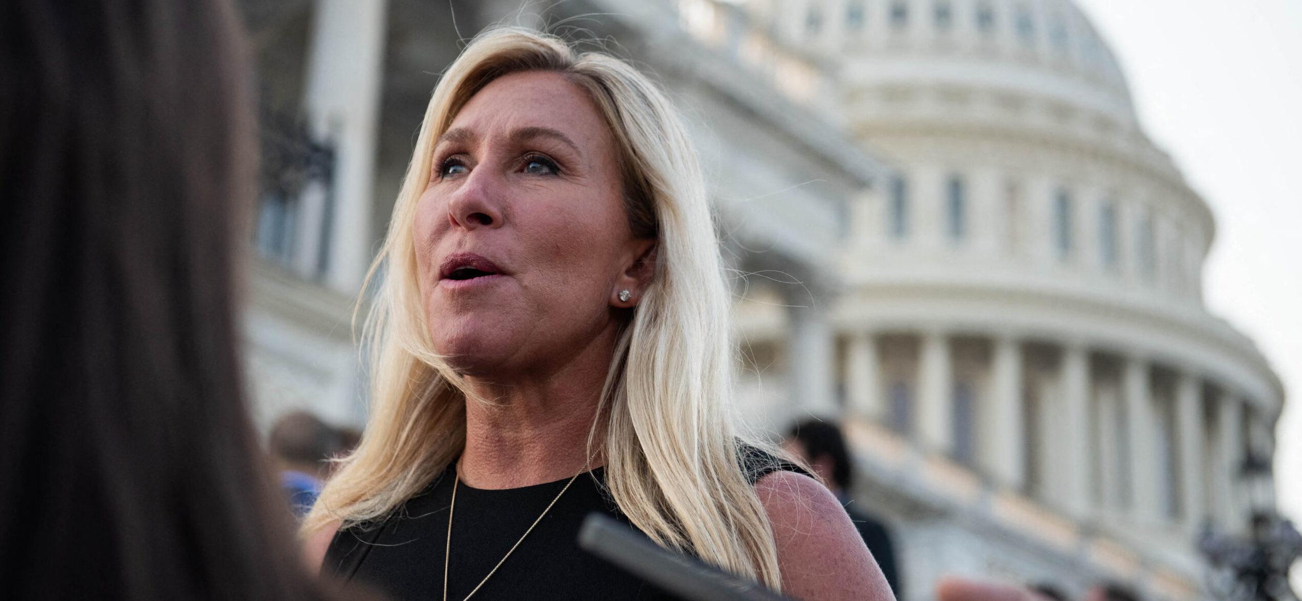 Representative Marjorie Taylor Greene (Republican of Georgia) speaks to press as she exits the Capitol in Washington, D.C. on Wednesday, July 26, 2023