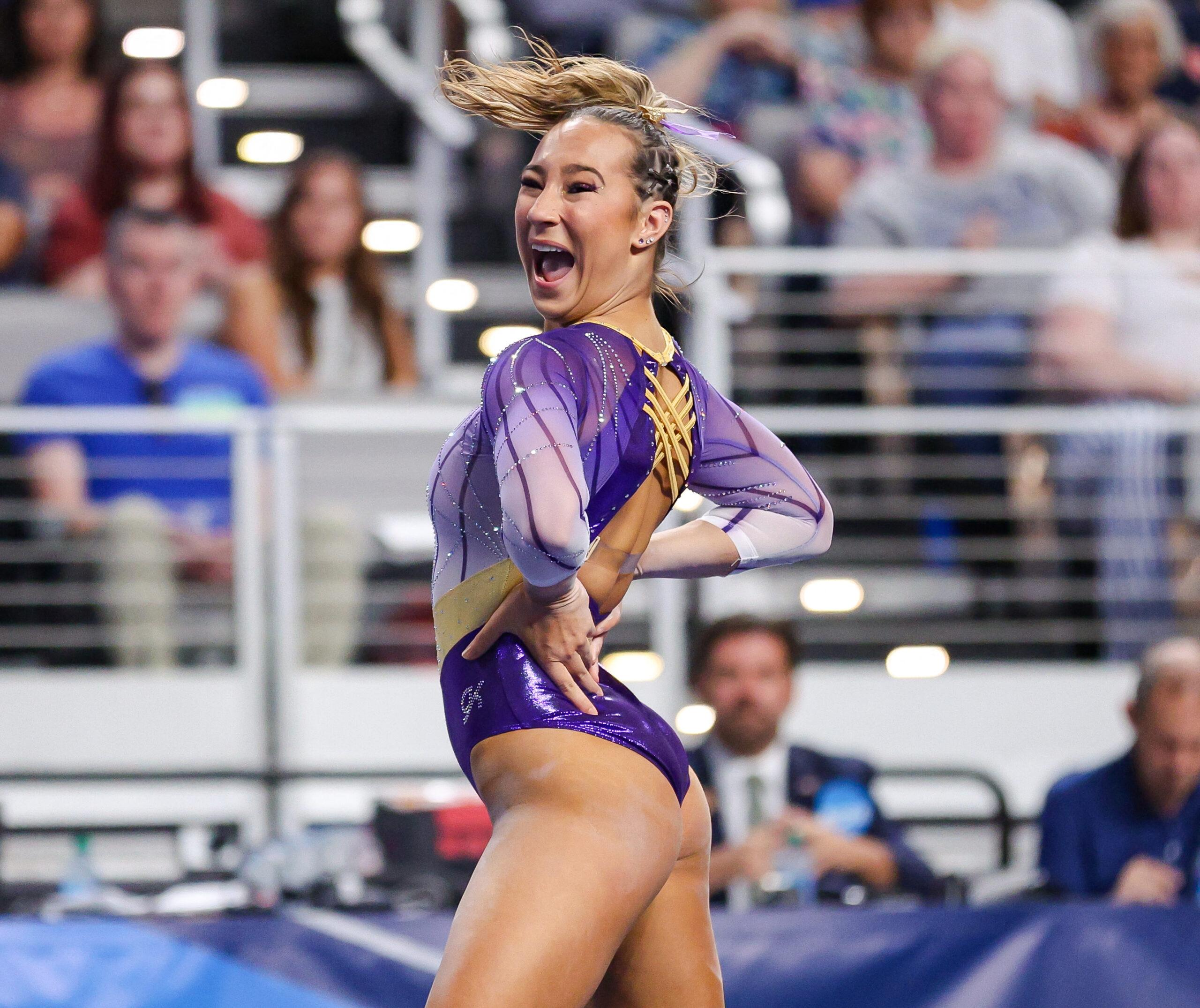 April 13, 2023: LSU's Alyona Shchennikova competes on the floor exercise during Semifinal I of the 2023 NCAA National Collegiate Women's Gymnastics Championships at Dickies Arena in Fort Worth, TX. Kyle Okita/CSM(Credit Image: © Kyle Okita/Cal Sport Media) Newscom/(Mega Agency TagID: csmphotothree082066.jpg) [Photo via Mega Agency]