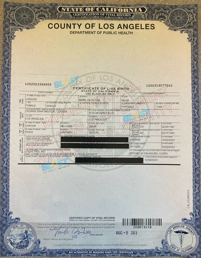 Paris Hilton's Baby Daughter London's Birth Certificate Revealed