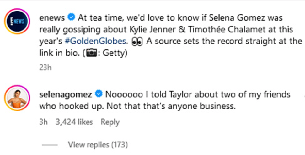 Selena Gomez revela o chá que derramou para Taylor Swift no Globo de Ouro