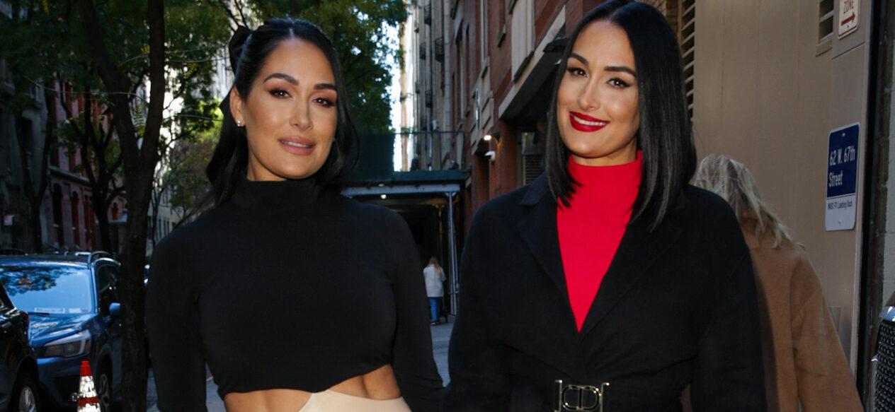 Former WWE Sisters Brie & Nikki Garcia all smiles as they arrive holding hands to Live with Kelly and Mark in NYC