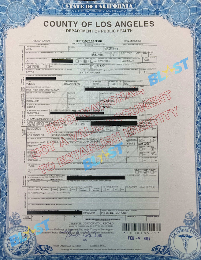 Carl Weathers Death Certificate