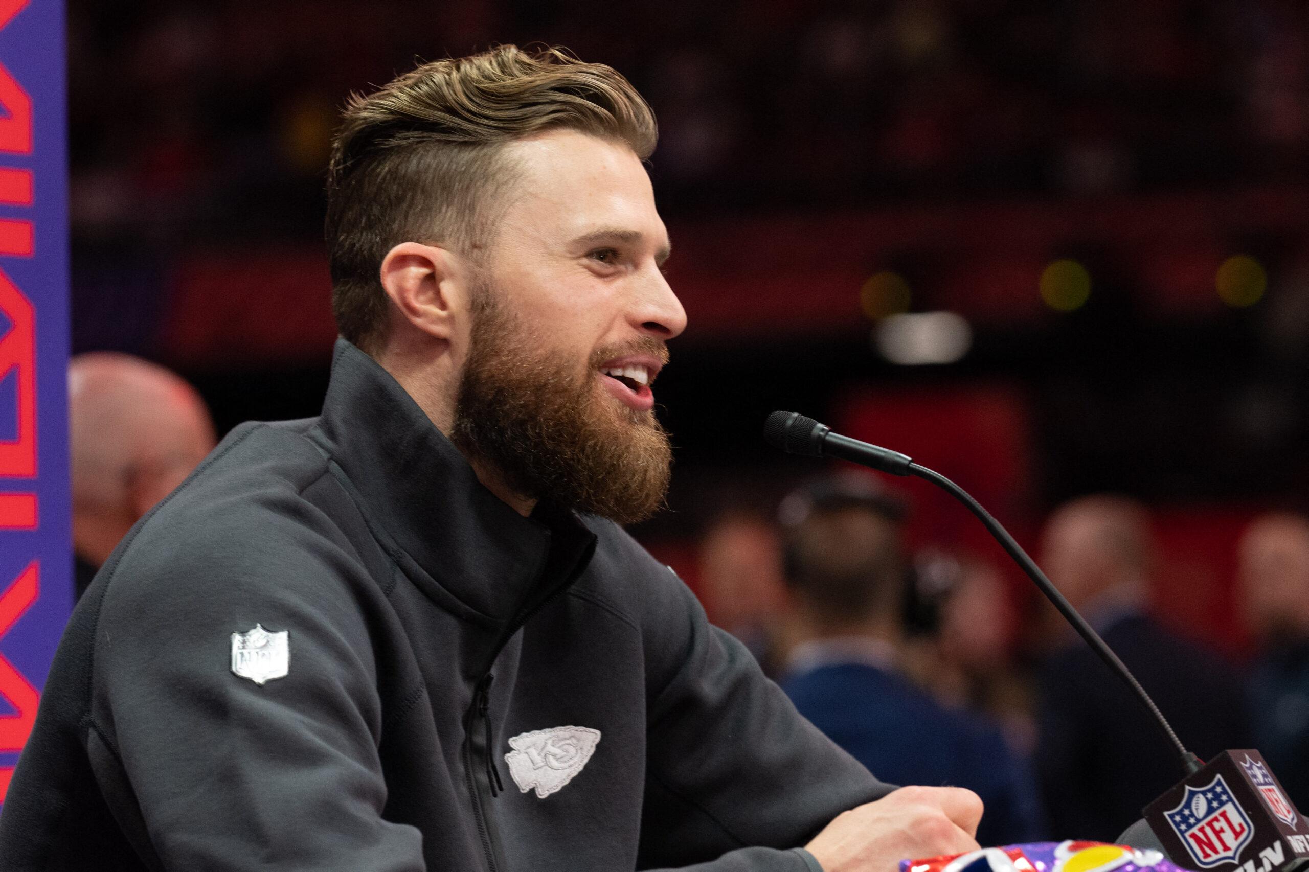 Harrison Butker speaks to the media during Opening Night for Super Bowl LVIII