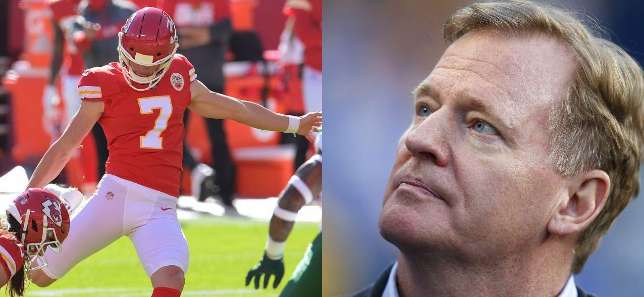 Harrison Butker (left) and Roger Goodell (right)