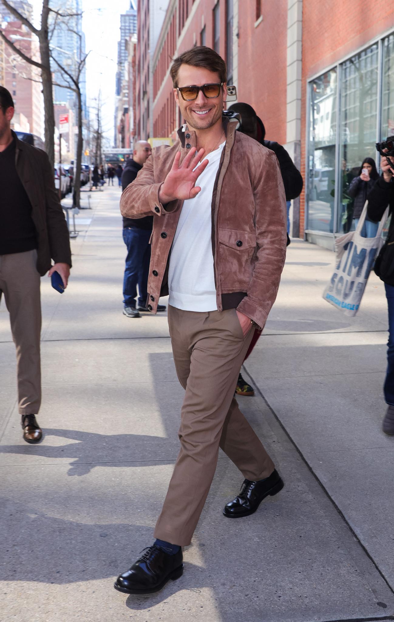 Glen Powell seen leaving the Drew Barrymore Show this afternoon in New York City