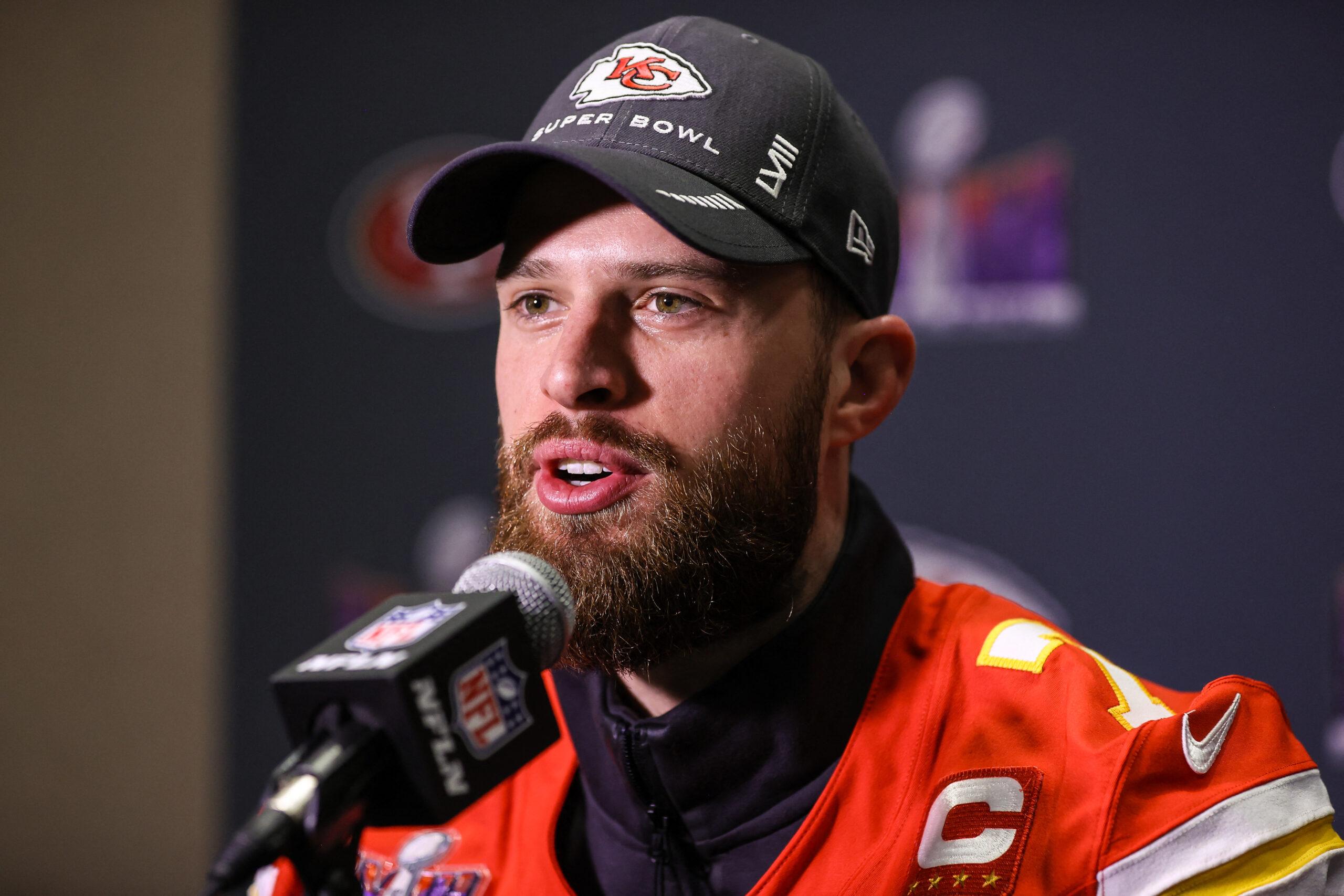 Kansas City Chiefs kicker Harrison Butker speaks to reporters during the Kansas City Chiefs media session