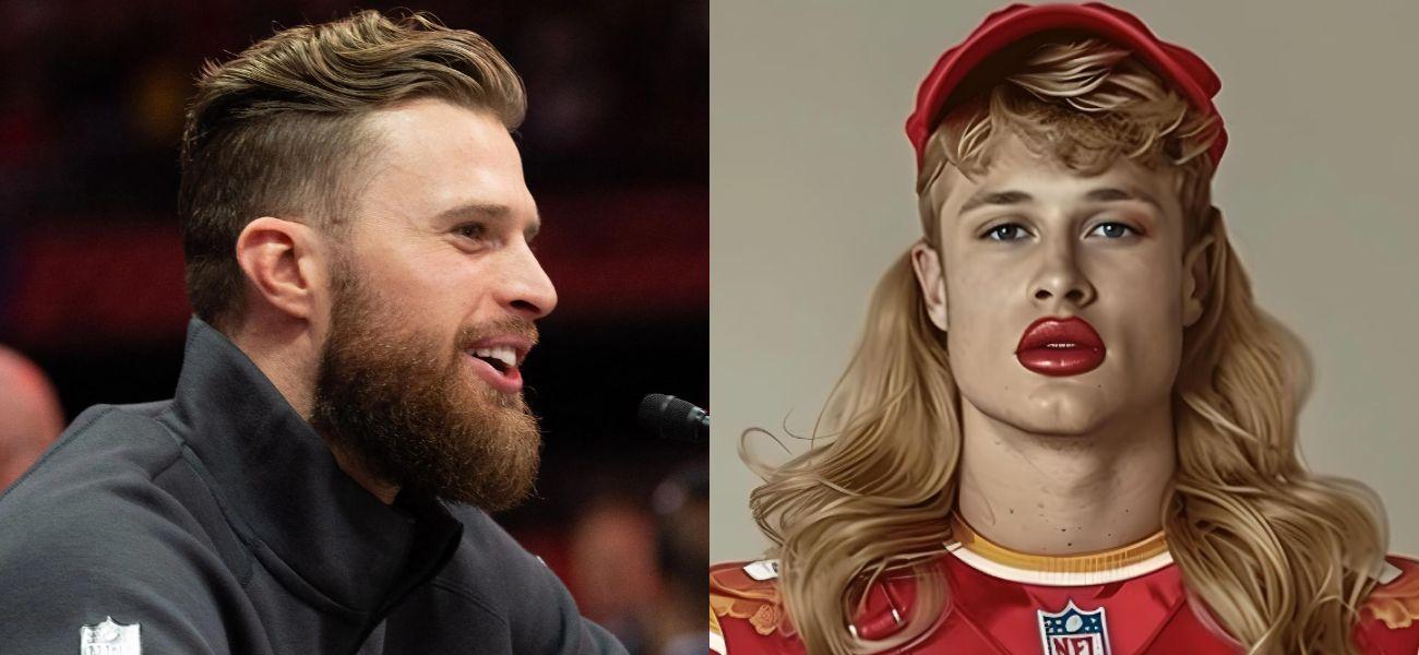 Harrison Butker at a press conference (left) AI-generated photo of Harrison Butker as a drag queen (right)