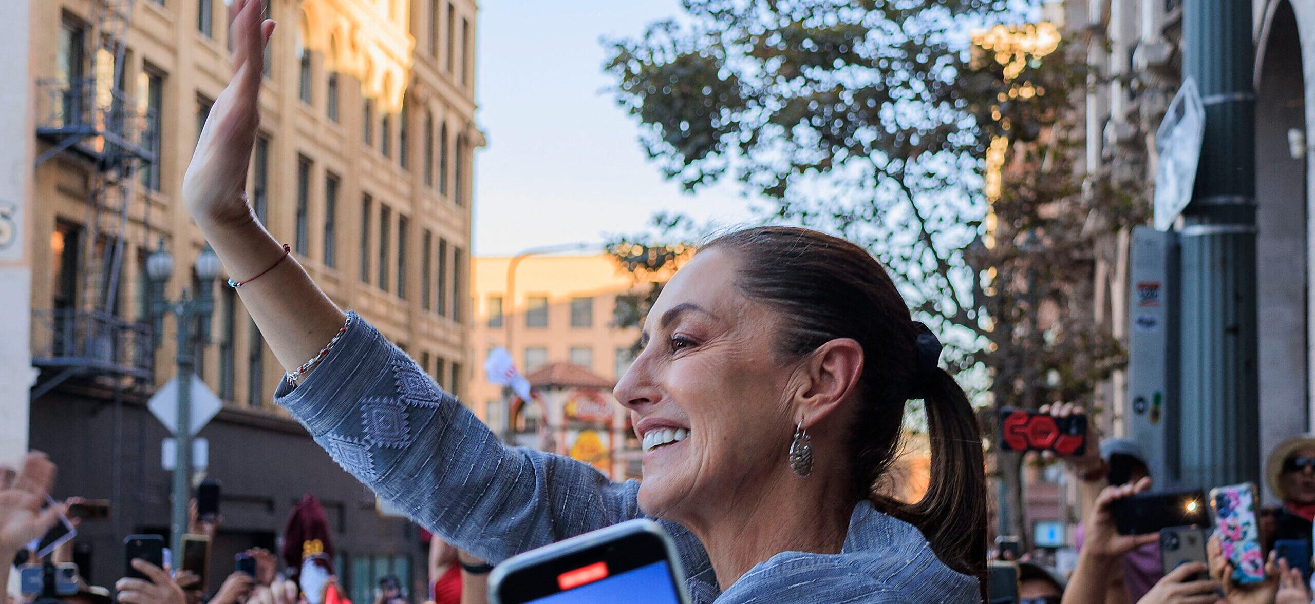 Claudia Sheinbaum waves during Rally in LA