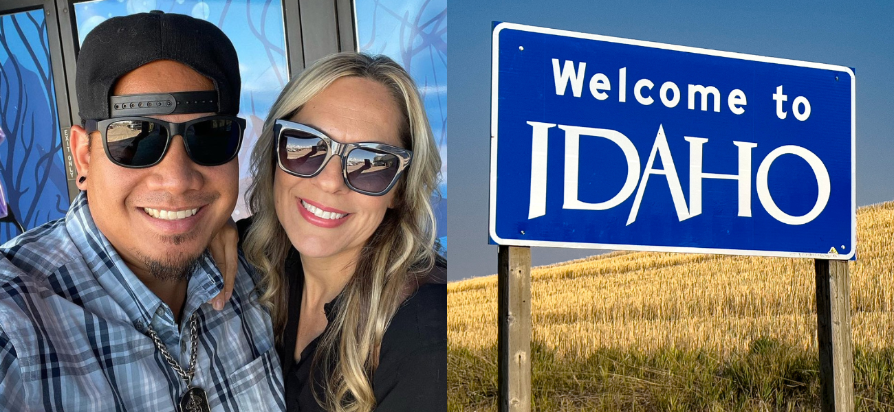 (R) TikTok influencer Coree Ray and her husband. (L) Welcome to Idaho sign