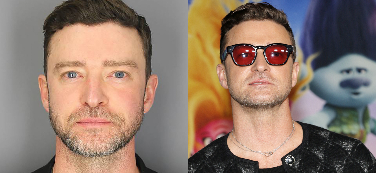 (L) Justin Timberlake mugshot. (R) Justin Timberlake at the Los Angeles premiere of 'Trolls Band Together'