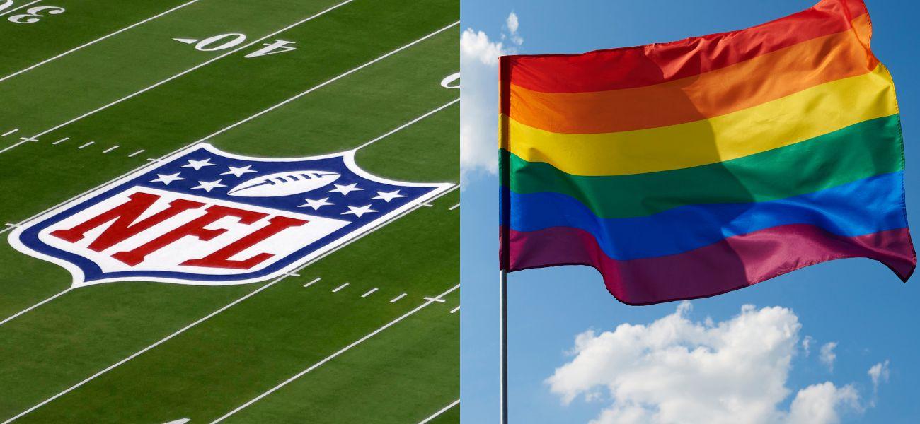 NFL logo on football field (left) Gay pride flag (right)