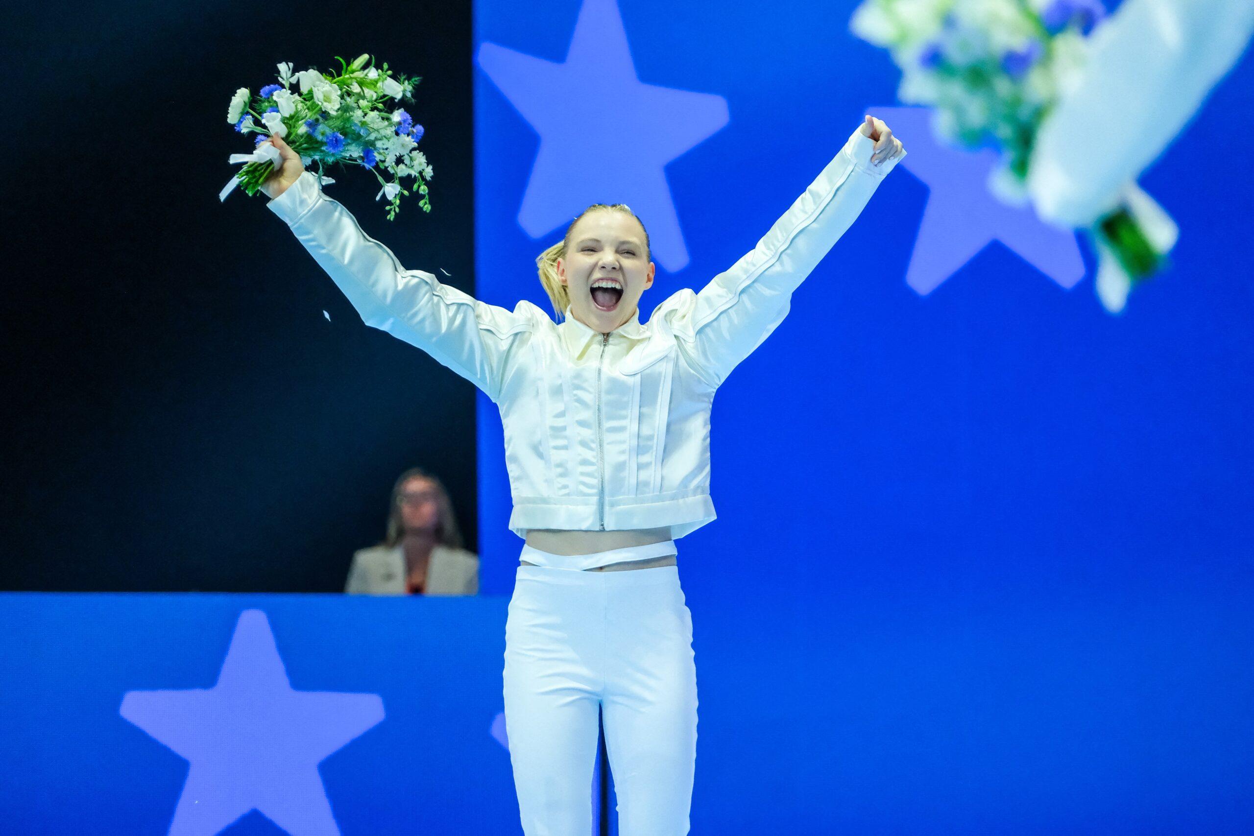 Jade Carey celebrating at the 2024 Olympic Trials