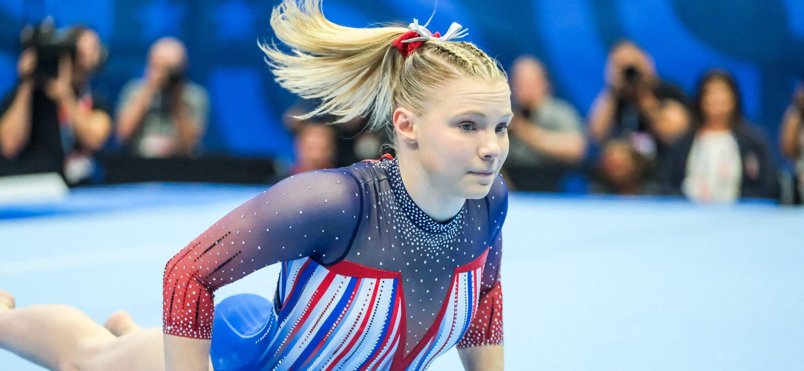 Jade Carey performing on floor at 2024 Olympic Trials