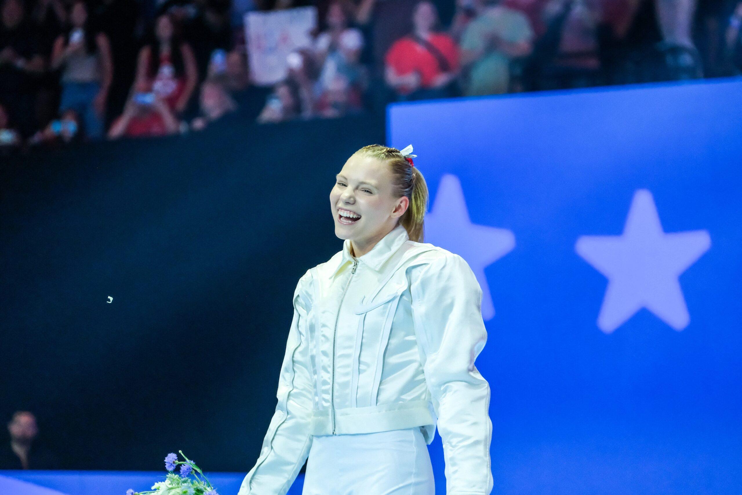 Jade Carey celebrating at the 2024 Olympic Trials