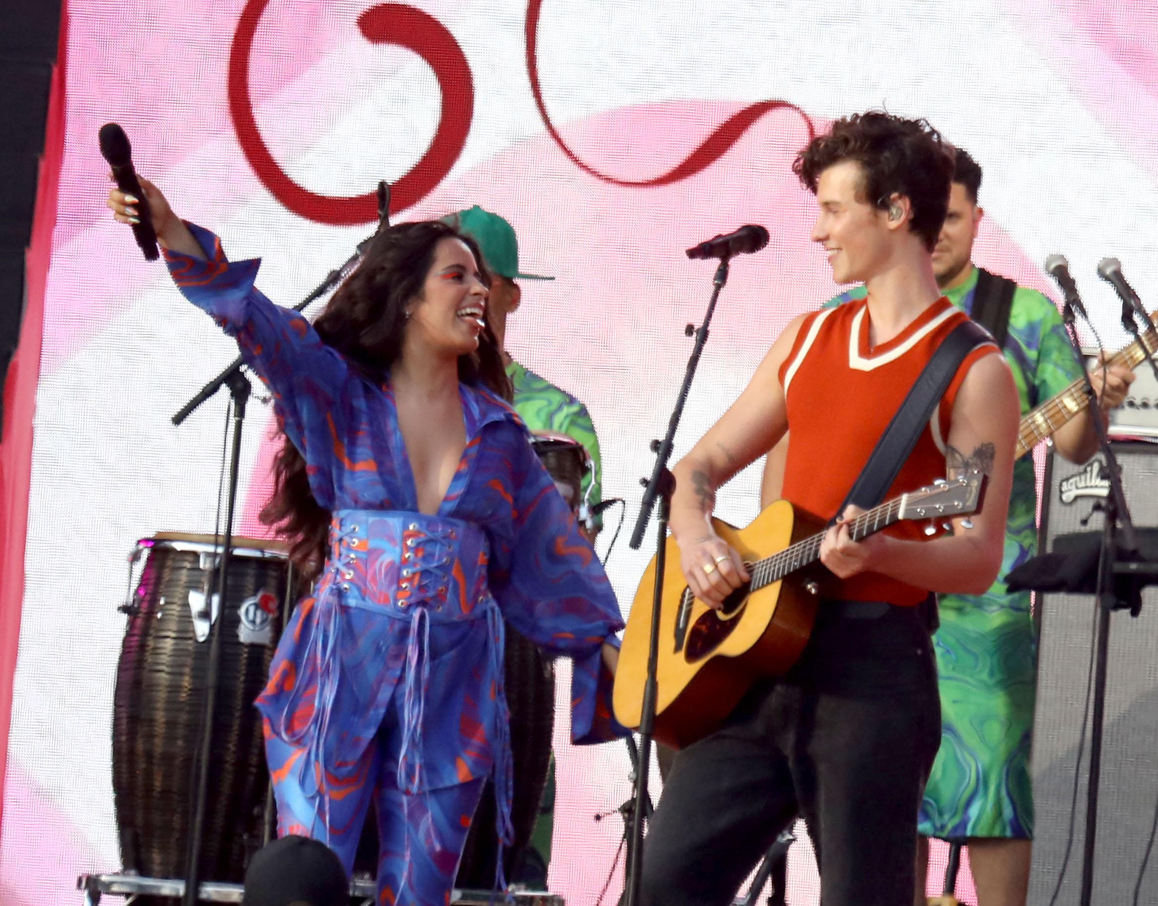 Camila Cabello and Shawn Mendes performing at the 2021 Global Citizen Live Concert in Central Park