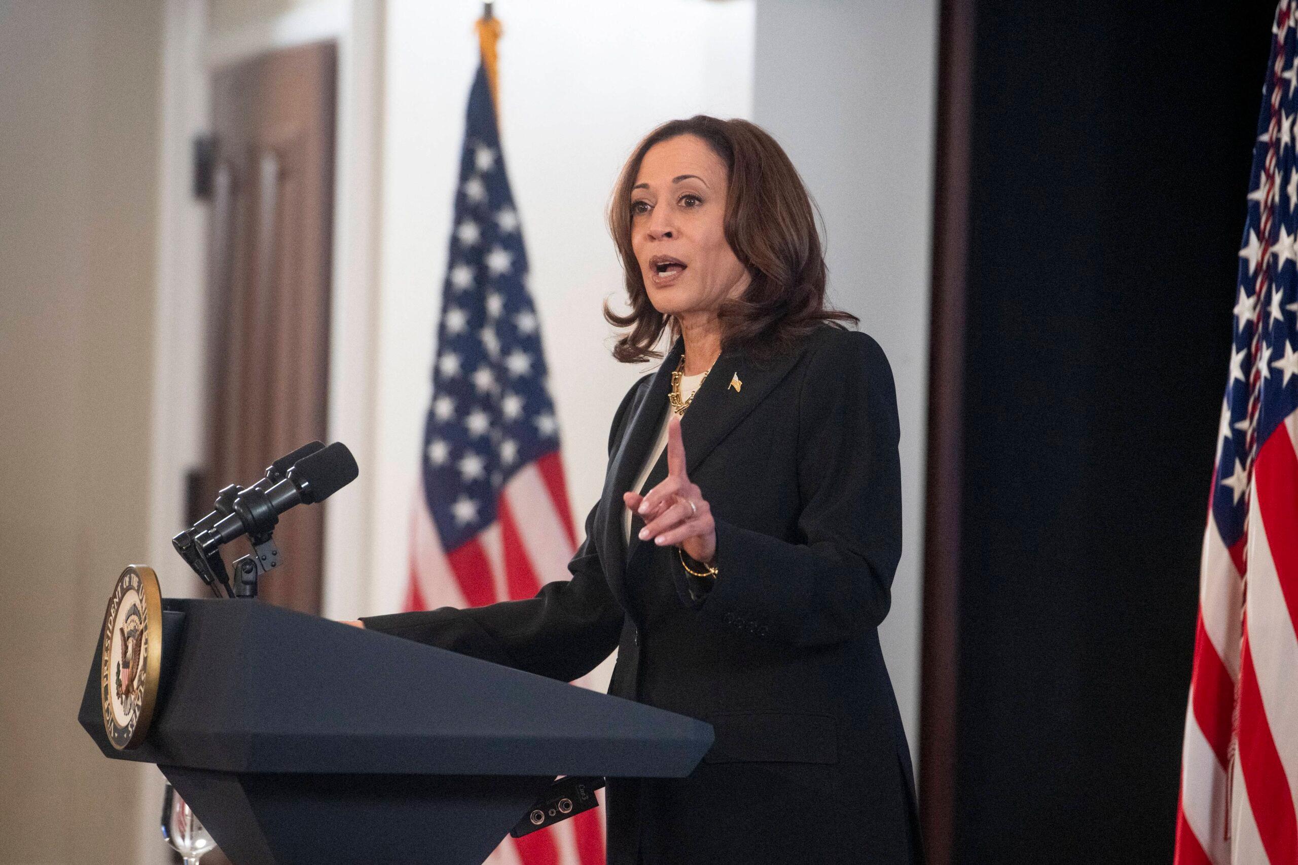 United States Vice President Kamala Harris delivers remarks on conflict-related sexual violence at the White House.