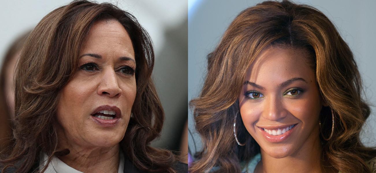 A closeup collage of Kamala Harris and Beyonce