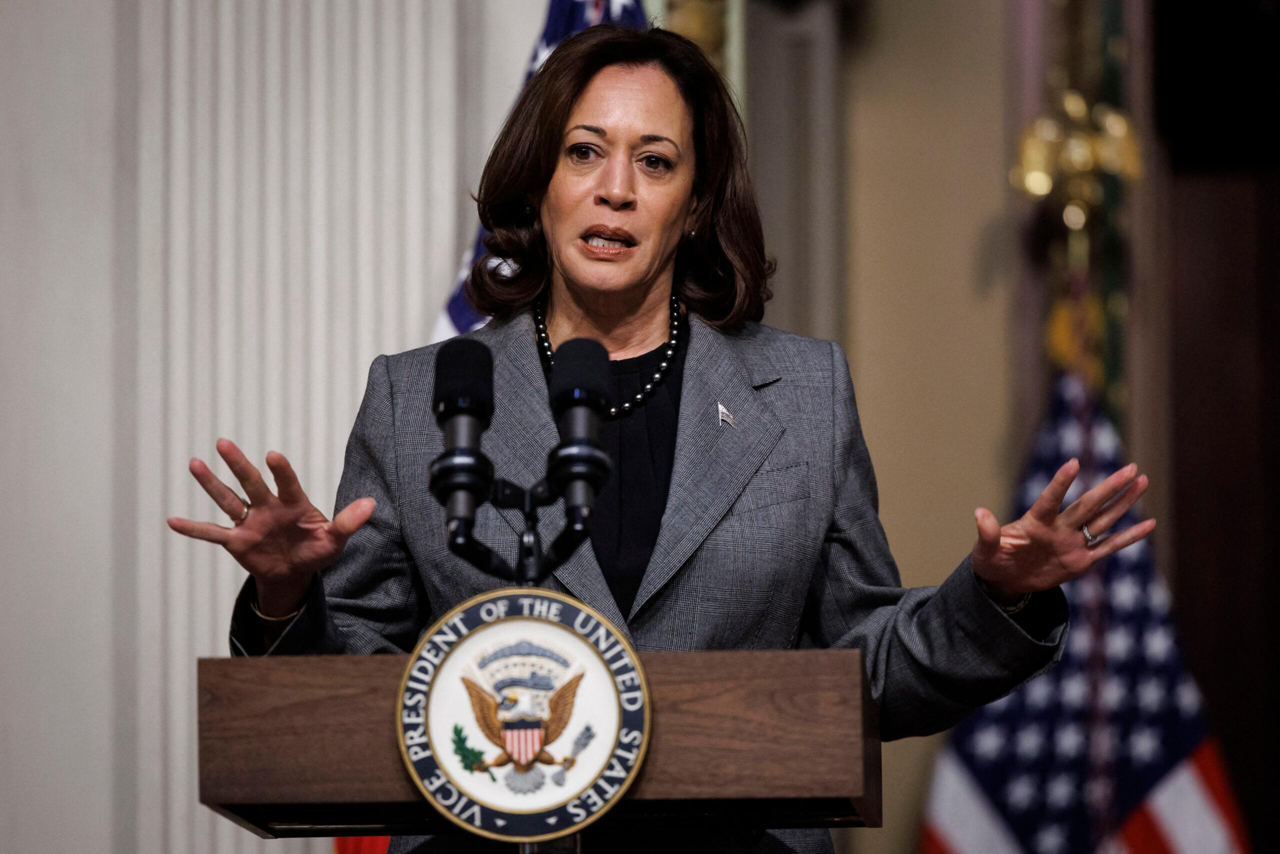 Vice President Kamala Harris speaks during a ceremony in the Indian Treaty Room in Washington, DC.