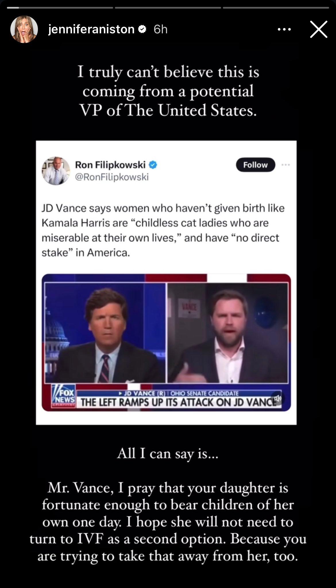 Screenshot of Jennifer Aniston's Instagram Stories about JD Vance