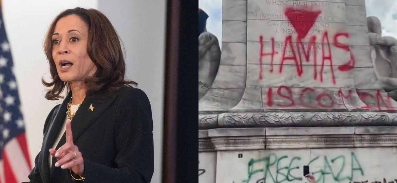 Kamala Harris (left) Hamas protests in DC (right)