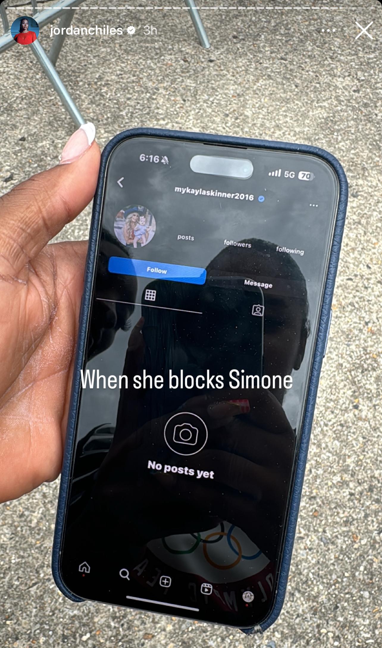 Jordan Chiles shares evidence of MyKayla Skinner blocking Simone Biles on Instagram