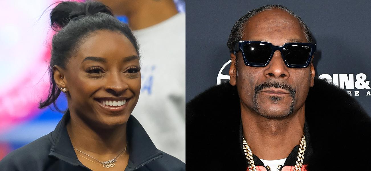 A collage of Simone Biles and Snoop Dogg's portraits