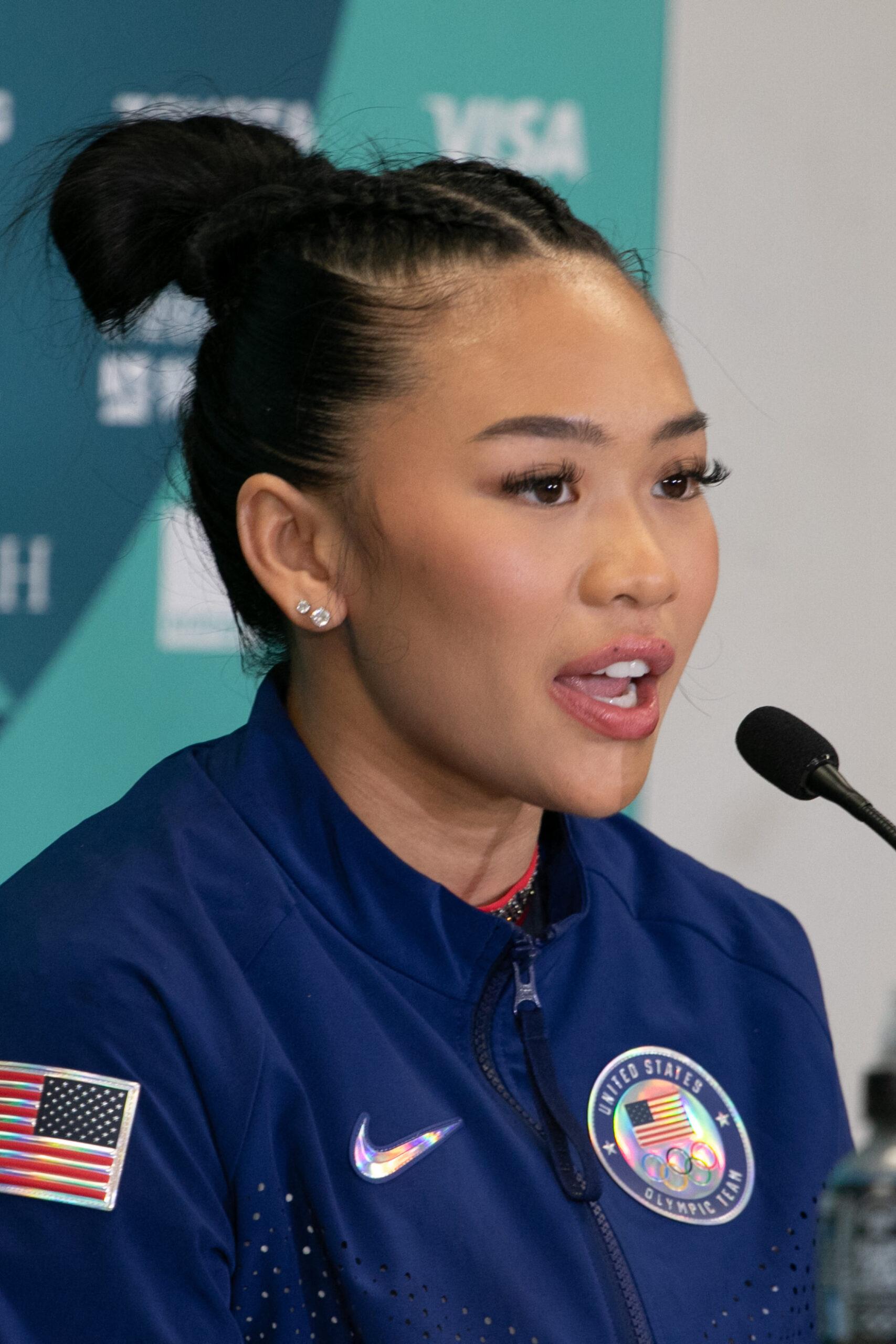 Suni Lee talks to the press at Paris 2024: Artistic Gymnastics: Women's All Around Final