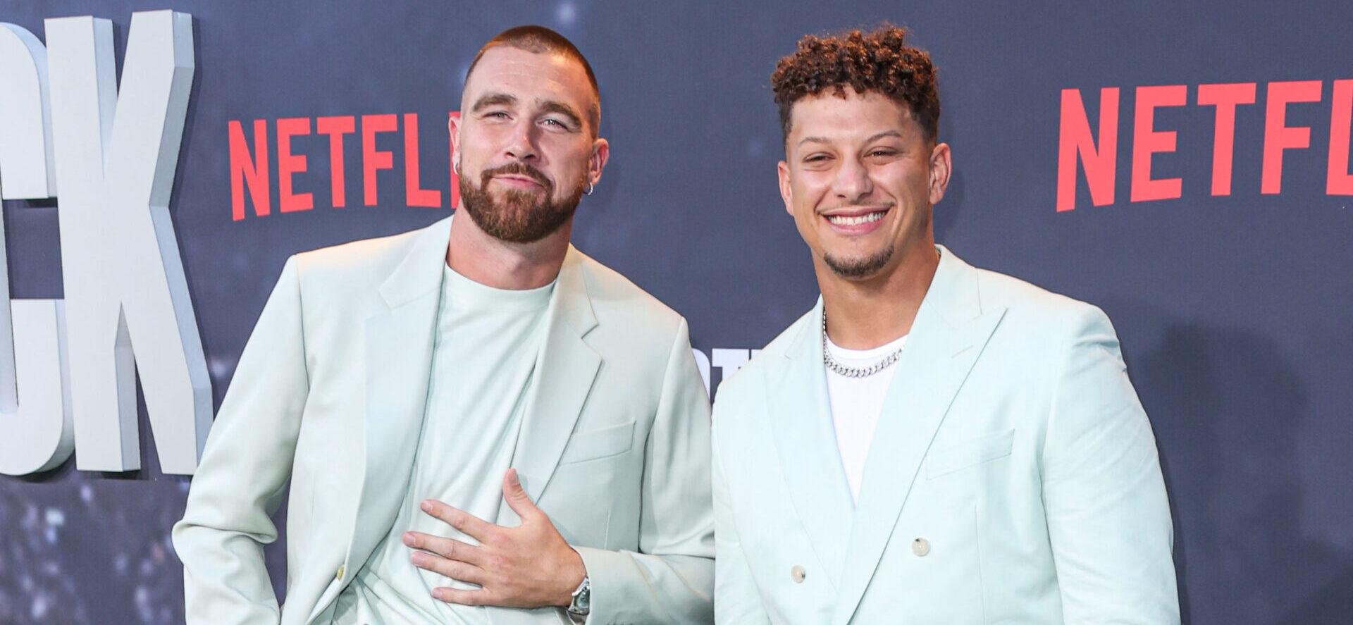 Travis Kelcee and Patrick Mahomes at Los Angeles Premiere Of Netflix's 'Quarterback' Season 1